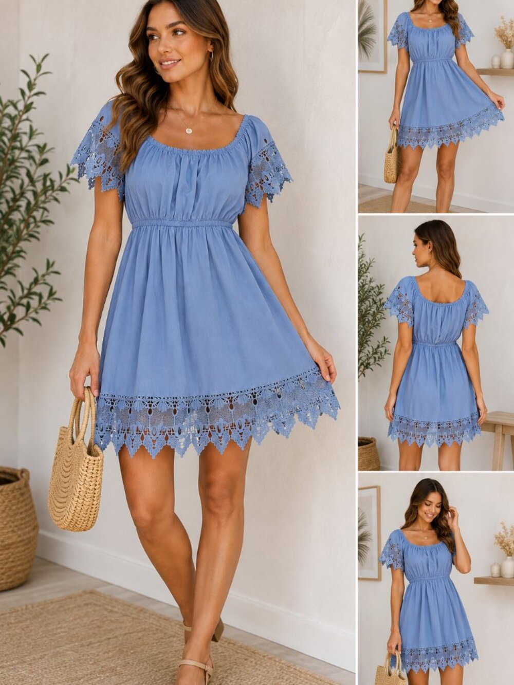 Haute Monde Women’s Dress Sz S Blue Lace Trim Babydoll Mini Boho Romantic